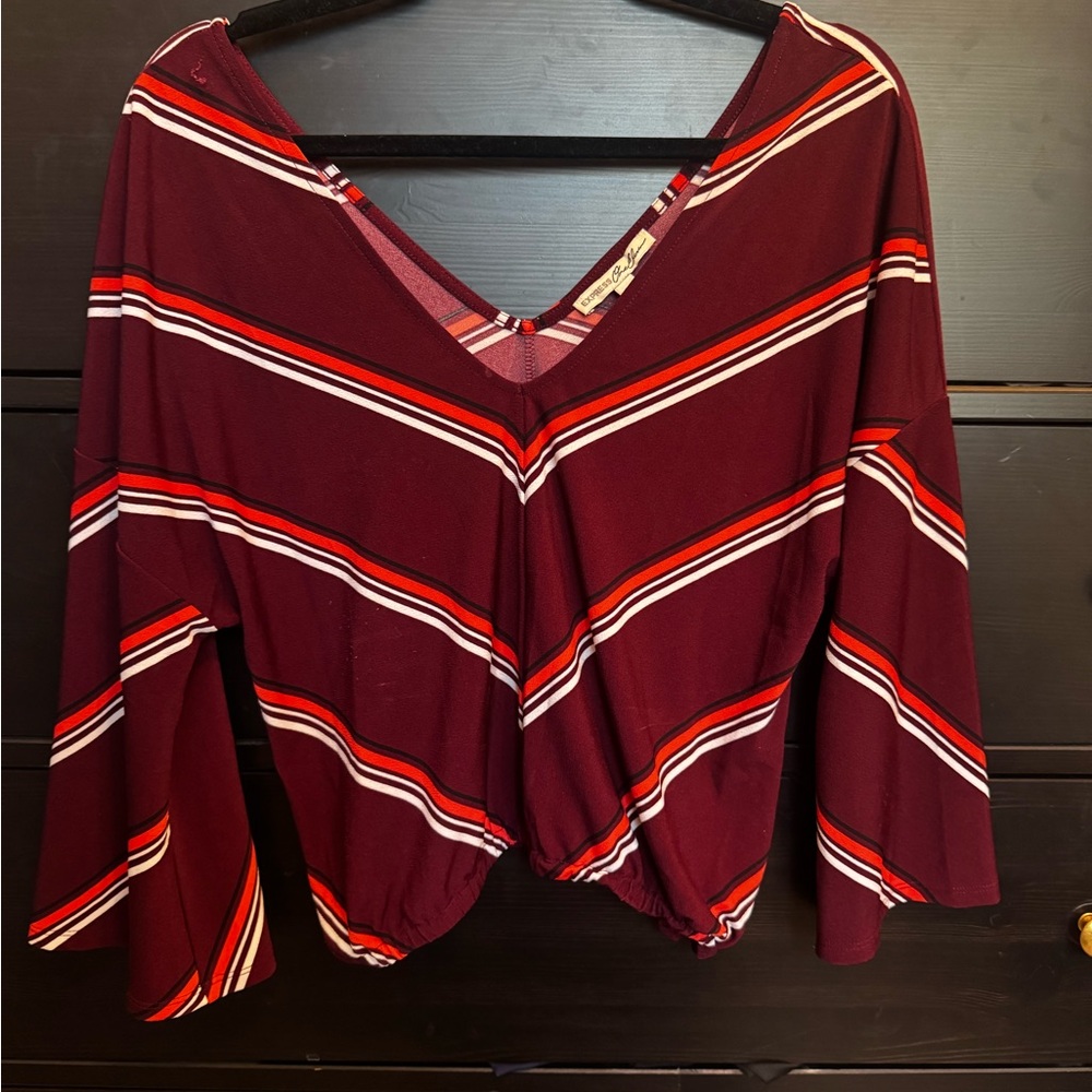 Express Burgundy and Red Striped V-Neck Blouse